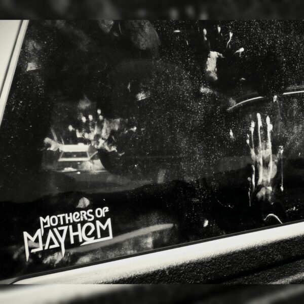 4"w x2.5"h White Vinyl Window Cling Sticker- Mothers of Mayhem Logo